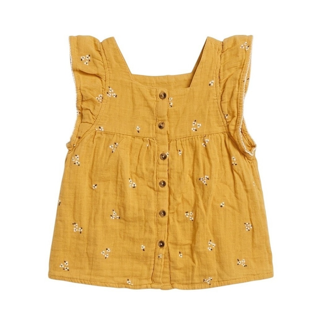 Cat & Jack Girls Mustard Yellow Cotton‎ Gauze Floral Ruffle Button Top Size 7/8